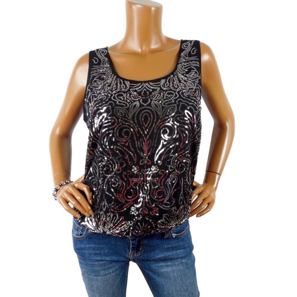 CACHE Top L Formal Blouse Black w/Beads & Sequin Party Tank Shirt Sleeveless